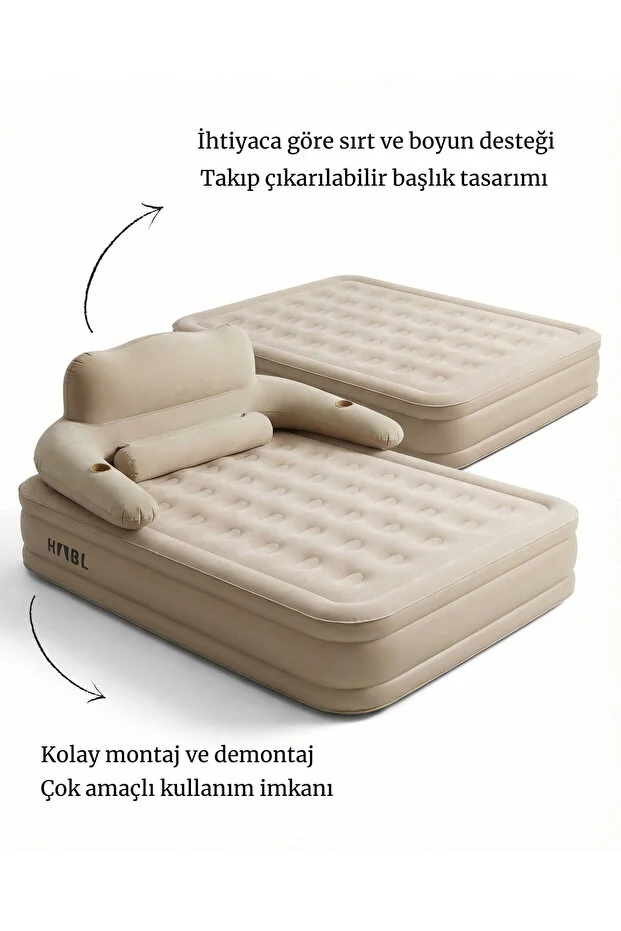 Çift Kişilik Otomatik Şişme Yatak Çıkarılabilir Başlıklı Kamp ve Misafir Yatağı 203x152x40cm